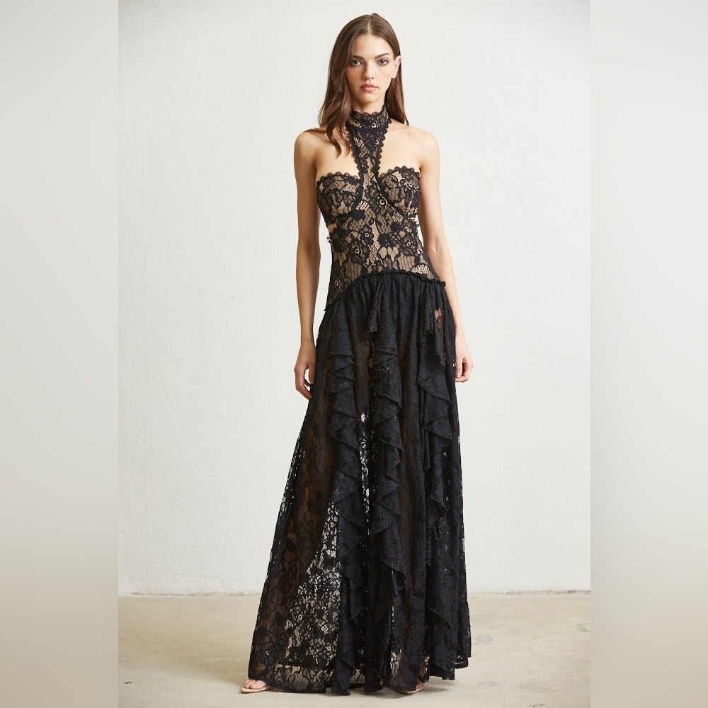 Lace Ruffle Drop Waist Maxi Dress with Cutouts - BLITHE